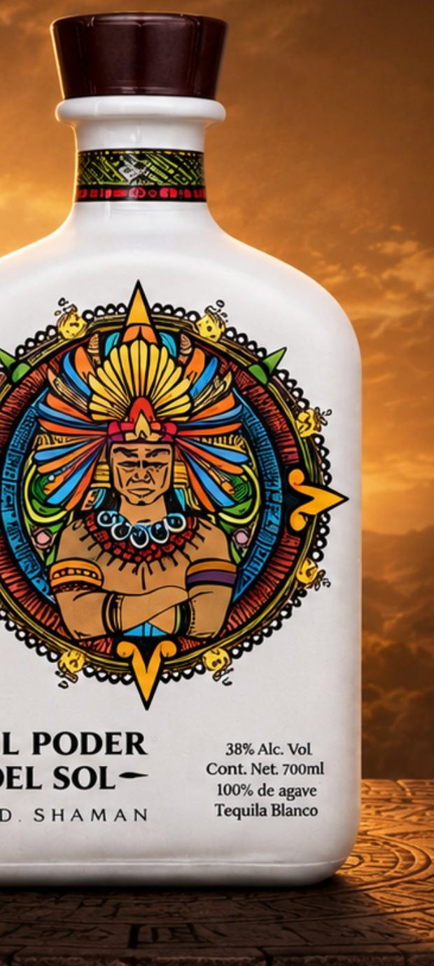 El Poder Del Sol — El Shaman, tequila blanco bottle with warrior headdress artwork