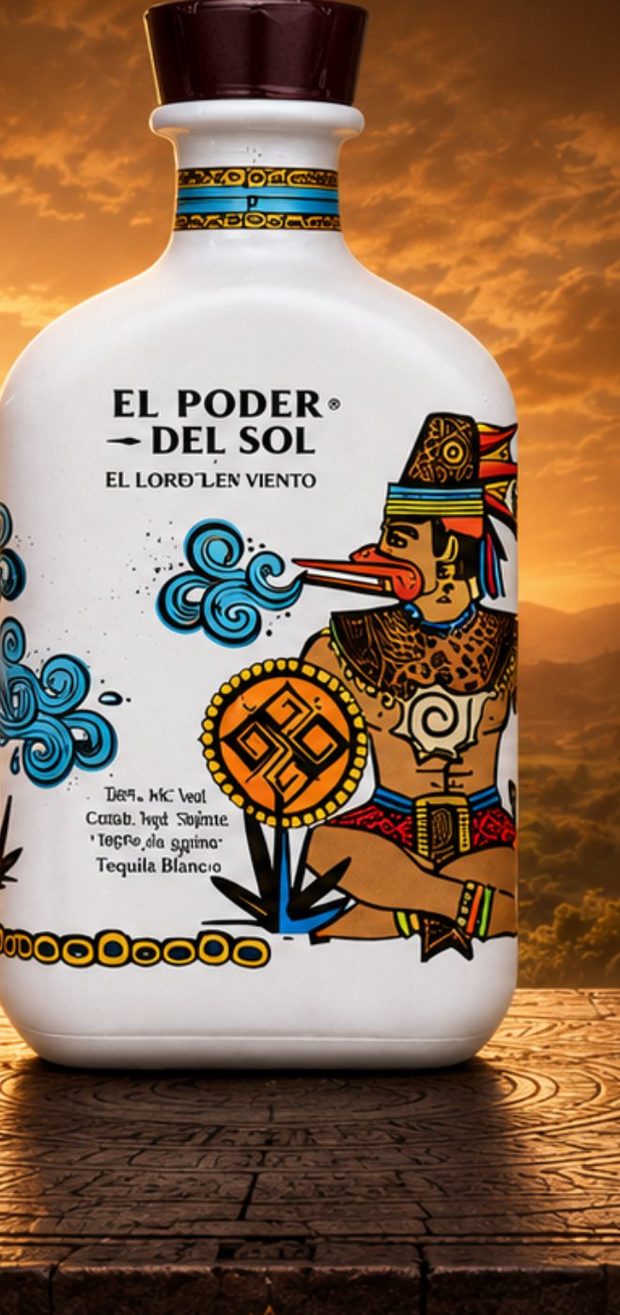 El Poder Del Sol — The Lord of Wind, tequila blanco bottle with Ehecatl wind god artwork